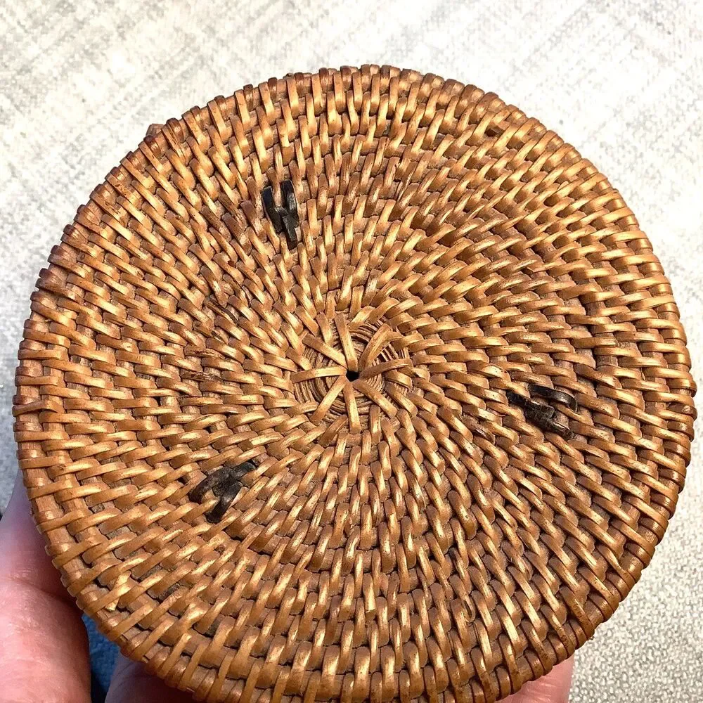 Vintage Bali Basket Round Handwoven Ata Rattan Trinket Box Jewelry with Lid